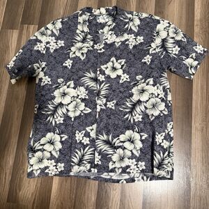 Two Palms Made in Hawaii Hawaiian shirt 2XL  Gray White Hibiscus Cotton